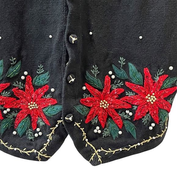 Poinsettias Black Sweater Christmas Vest Large Beaded Ugly Victoria Jones 90's - Picture 2 of 5